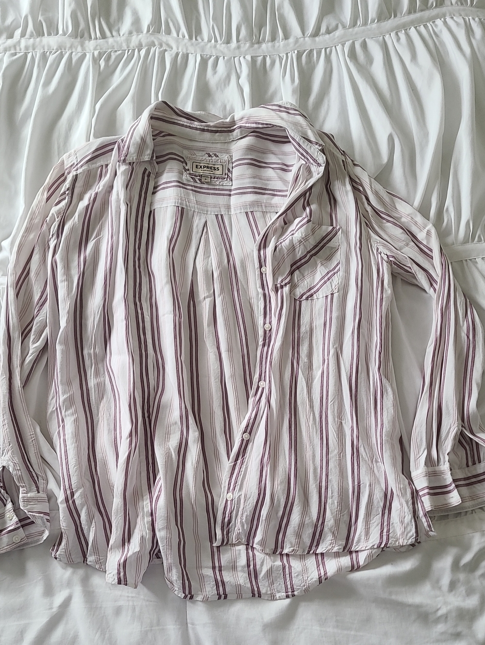 Express Women’s White and Plum Striped Button-Down Shirt